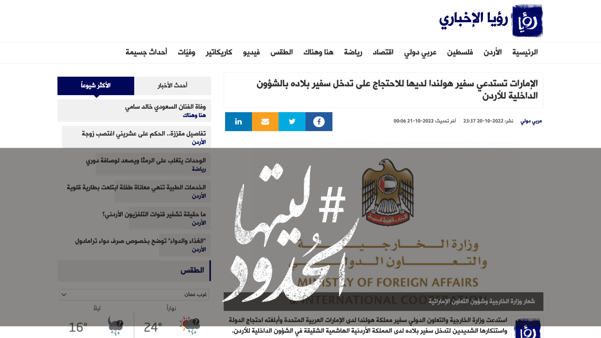 صورة الإمارات تستدعي سفير هولندا لديها للاحتجاج على تدخل سفير بلاده بالشؤون الداخلية للأردن